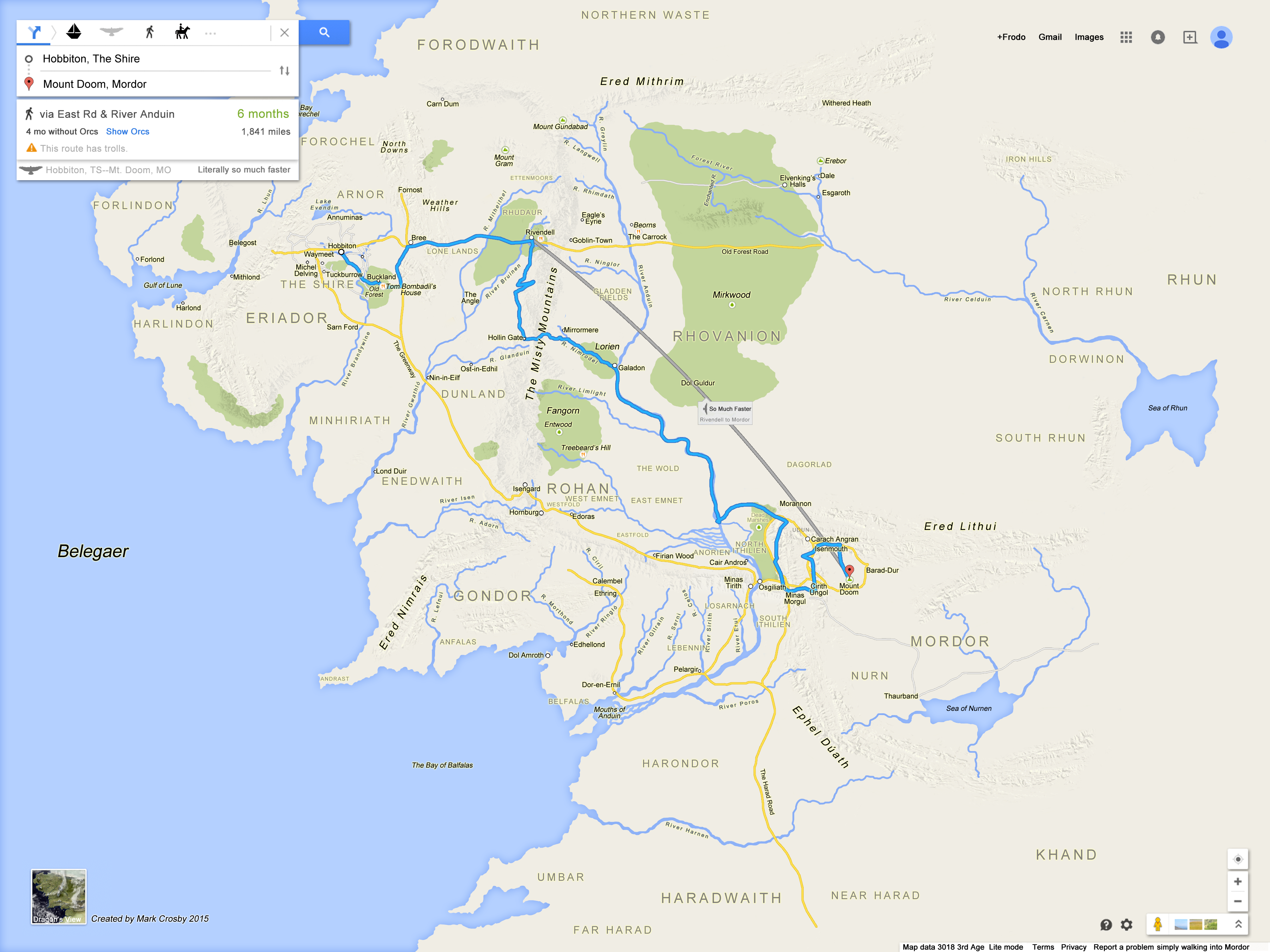 Le voyage de Frodon dans Google Maps