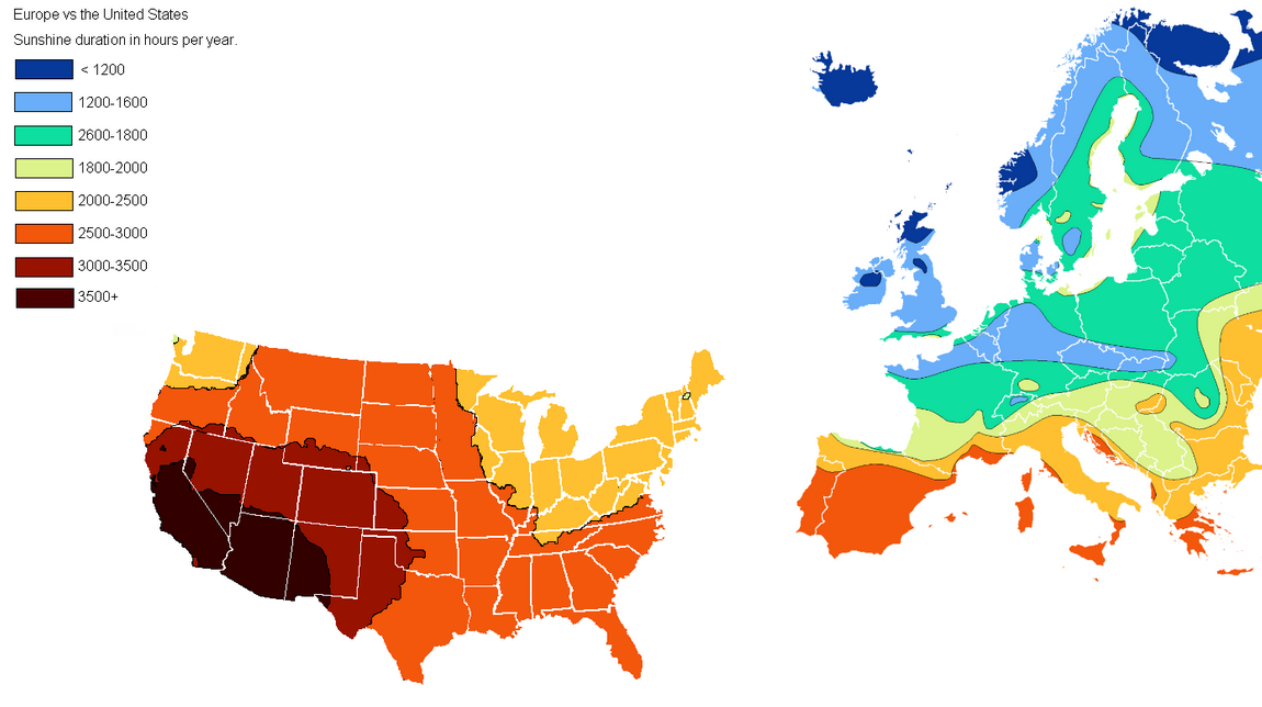 L ensoleillement en europe et aux etats unis